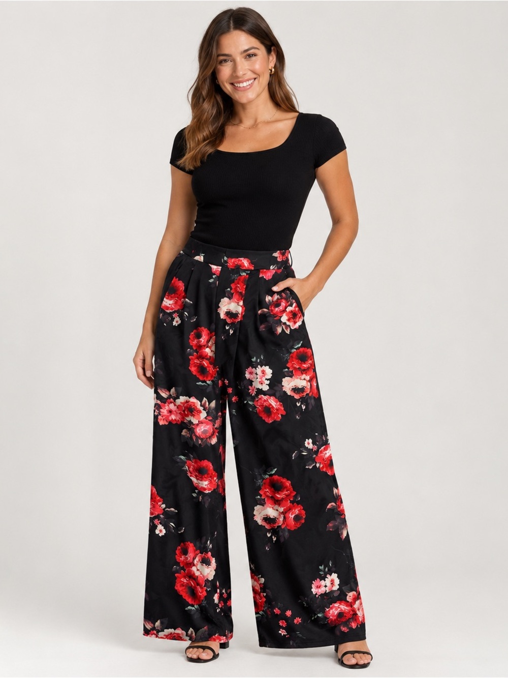 Elegant Wide-Leg Floral Pants in Black with Red Floral